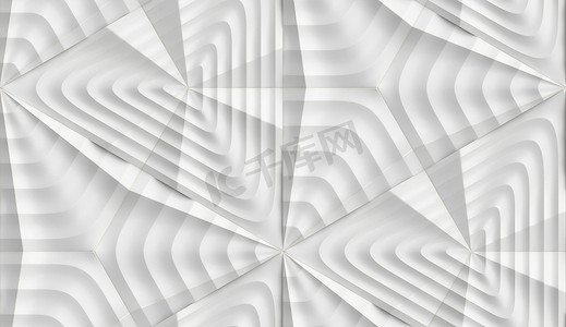 三维白色无缝图案以几何波浪形瓷砖的形式出现。高质量无缝逼真质感.