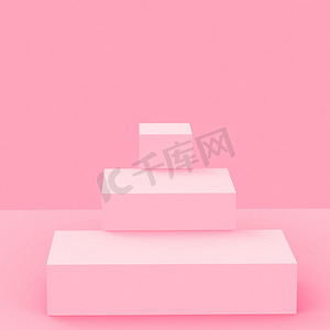 3D粉色立方体和盒式讲台最小场景工作室背景.摘要三维几何形体图解绘制.化妆品时尚和情人节产品的展示. 