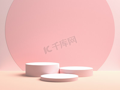 粉色几何3D产品展示背景概念,抽象讲台圆筒.3d渲染