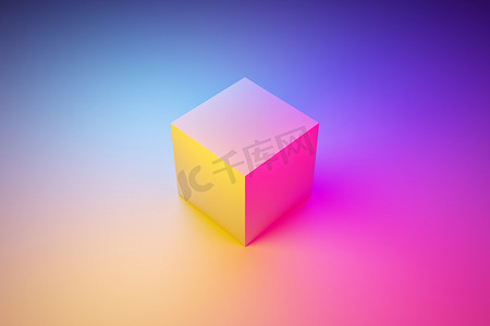 3D经典静物，几何体积为立方体，阴影为蓝色、粉色、橙色