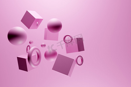 特写3D粉色单色插图。不同的几何形状:立方体、圆柱体、球体放置在同一距离上.简单的几何形状飞行