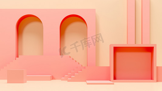拱门、拱门、楼梯、架子和壁龛。糊状的好颜色。3D渲染说明。品牌推广产品的Podium步骤。广告展示的创作背景.站在基座上模仿.