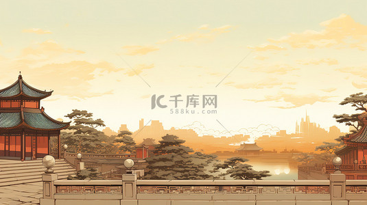 城墙背景图片_中国古代建筑古典工笔画9