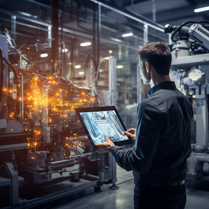 工厂的工业工程师使用智能平板玻璃设备控制自动化机械臂机器学习操作概念商业和工业4.0人工智能或AI与5G网络