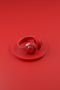 红色背景上明亮耳机的垂直图像。单色现代音频背景设计。3d说明
