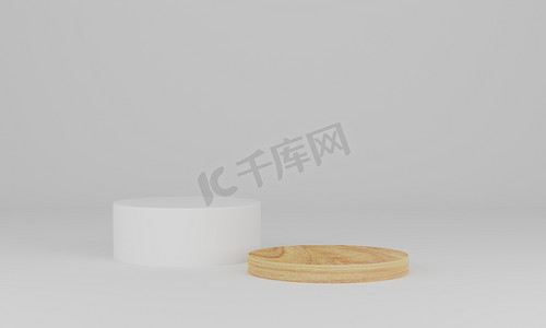3D渲染。白色背景的木制讲台。抽象最小场景与几何。展示、展示产品、模拟、展示化妆品的平台或平台