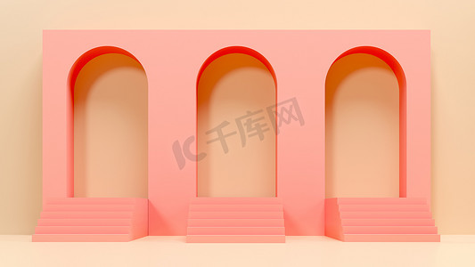 产品台阶摄影照片_粉色拱门,楼梯,台阶和背景- 3D渲染说明.摘要简约的建筑构图.品牌产品展示的空白空间.