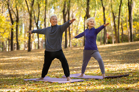 瑜伽动作摄影照片_户外练瑜伽的老年夫妇
