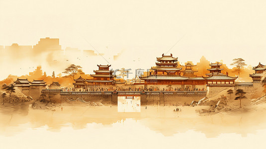 城墙遗址背景图片_中国古代建筑古典工笔画2