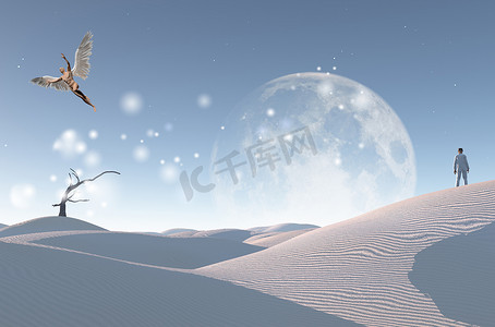 超现实的白色沙漠，有枯树，大月亮在地平线上。身穿白色西服、头戴圆顶礼帽的男子站在沙丘上.光着翅膀的男人代表天使.