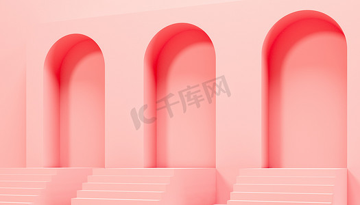 粉色台阶摄影照片_粉色拱门,楼梯,台阶和背景- 3D渲染说明.摘要简约的建筑构图.品牌产品展示的空白空间.