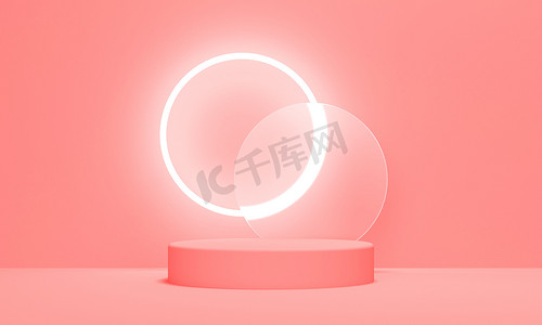 粉红底色的灯具和玻璃杯化妆品用的软膏.产品促销的备份设计.3d渲染