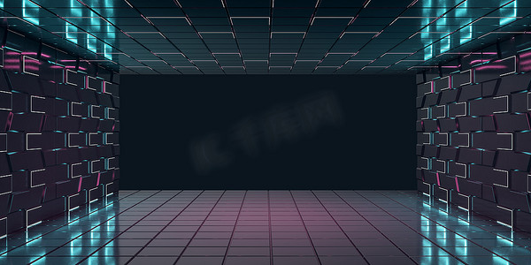 Futuristic style empty hall room with luminescent lights in glowing wall and front black wall with copyspace for your logo. 3D rendering, mock up