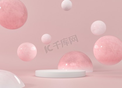 嚼口香糖泡泡装饰，产品的展览基地。甜糖果-3d渲染插图动态弹跳球和复制空间的文字.粉红粉红背景广告.