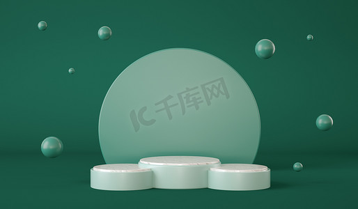 产品介绍摄影照片_清澈的绿色讲台，背景为圆形，球体飘浮。产品介绍。3D渲染