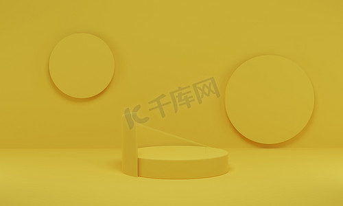展示产品几何摄影照片_3D渲染。黄色圆筒平台最小背景.用于展示产品的几何形状抽象平台.