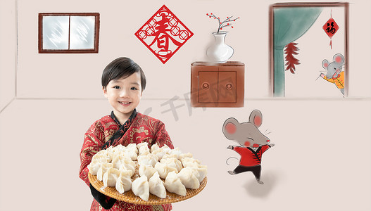 鼠年拜年海报摄影照片_小男孩鼠年包饺子