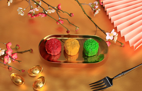 Colorful Snow Skin Moon Cake, Sweet Snowy Mooncake, Traditional Savory Dessert for Mid-Autumn Festival on Golden Background, Close up, Lifestyle. 