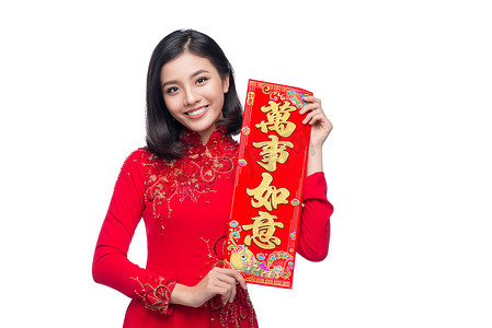 新年卷轴摄影照片_传统节日成本上美丽的亚洲女人的画像