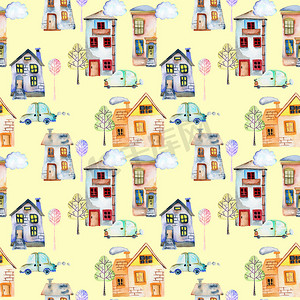 无缝模式与可爱的卡通水彩英语房子、 汽车、 树和云