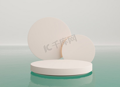 空的3D圆筒平台在水面上，白色背景。采购产品空基座,圆形舞台,陈列柜,产品展示,空白板,展台与彩绘.3d渲染