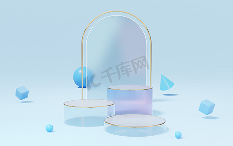 蓝色背摄影照片_3空紫色玻璃圆柱形讲台，带有金边、球体、圆锥、蓝色拱背立方体。最简单的几何图形展示模型。产品设计展示的舞台.3D渲染.