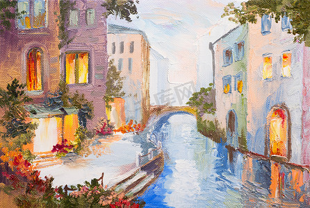 油画-运河在威尼斯，意大利，现代印象派、 丰富多彩的艺术