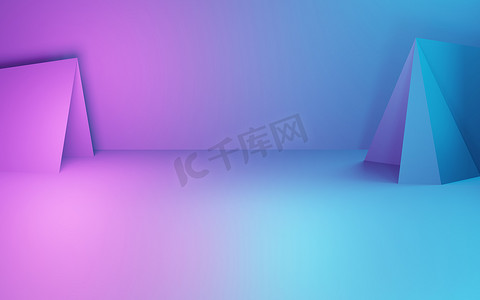 紫色和蓝色抽象几何背景的3D渲染。网络朋克的概念。广告、科技、展示、横幅、化妆品、时尚、商业等领域的舞台.Sci-Fi Illustration 。产品展示