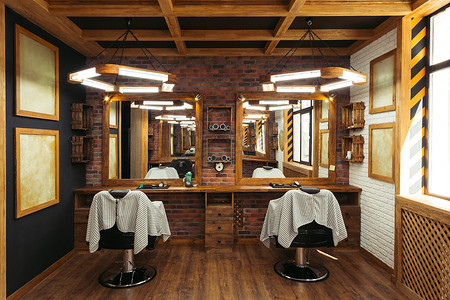 带有椅子、镜子和灯的现代空理发店内部