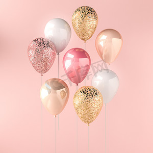 一组粉红色, 白色和金色的光泽气球上的棍子上闪闪发光的粉红色背景。3d. 为生日、宴会、婚礼或促销横幅或海报渲染。生动逼真的插图.