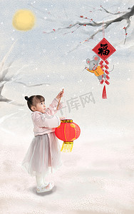 月亮卡通图片摄影照片_可爱的小女孩拿着红灯笼