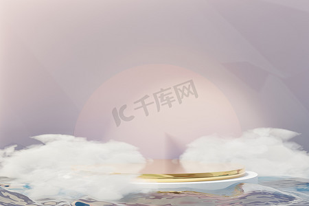 3d Beauty premium pedestal product display with Dreaming land and fluffy cloud. Minimal pastel sky and clouds scene for present product promotion and beauty cosmetics. Romance land of Dreams concept.