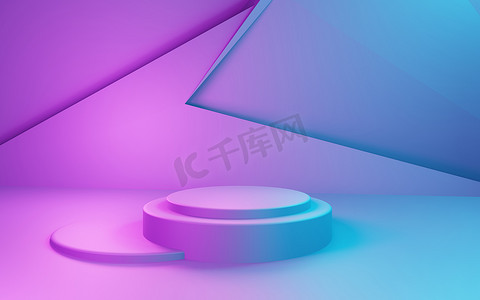 商业几何背景摄影照片_紫色和蓝色抽象几何背景的3D渲染。网络朋克的概念。广告、科技、展示、横幅、化妆品、时尚、商业等领域的舞台.Sci-Fi Illustration 。产品展示