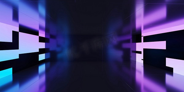 明亮的粉色和蓝色光芒的空旷场景，充满了未来的黑暗工作室3D渲染图解