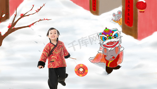 冬天雪景插画摄影照片_小男孩穿新衣服庆祝新年