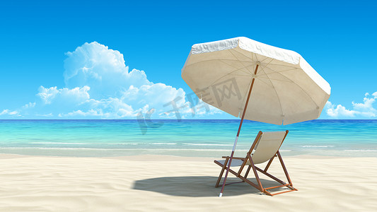 沙滩椅和田园热带沙滩上的伞