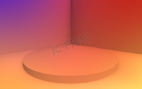 几何橙色渐变摄影照片_3D黄色橙色和紫色霓虹灯圆柱形讲台最小演播室渐变色彩背景。摘要三维几何形体图解绘制.夏季假日产品的展示.