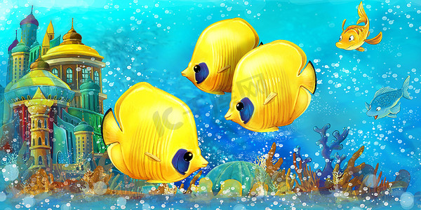 在美丽的水下王国珊瑚礁中与鱼的卡通场景。儿童图解