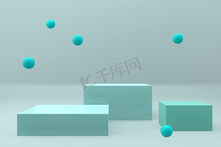 抽象最小场景与几何形式。方坛和球的软薄荷或蓝色。模拟现场,展示产品.陈列柜，店面，陈列柜。3d渲染