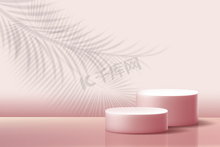 化妆品促销摄影照片_粉红的底座，有棕榈叶的阴影，在粉红的粉刷的天然背景上。-是的化妆品时尚微妙的抽象促销.