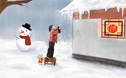 卡通雪人摄影照片_小男孩过年在外面玩雪