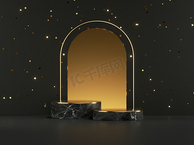 3D渲染，抽象最小的黑色金色背景与大理石基座和金色拱门，空舞台与金冠。黑色星期五销售的产品展示模型