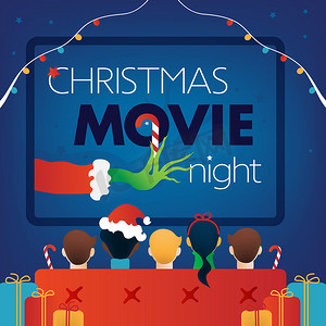 圣诞电影夜正方形封面，孩子们电视派对。儿童、礼物、沙发、蓝色背景屏幕、插图、网站传单、邀请函模板