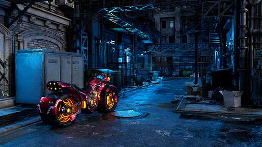 未来摩托车在黑暗凄凉的城市街道场景。赛博朋克概念3D演示.