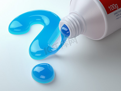 黑茶牙膏摄影照片_牙膏的形状从牙膏管出来的问号。刷牙牙齿的概念。3d 插图