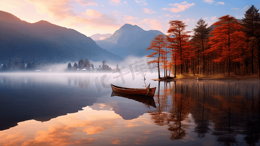 秋天湖水远山风景