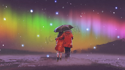 情侣穿着红色的大衣在雪地上漫步看着天空中的北极光, 数字艺术风格, 插画绘画