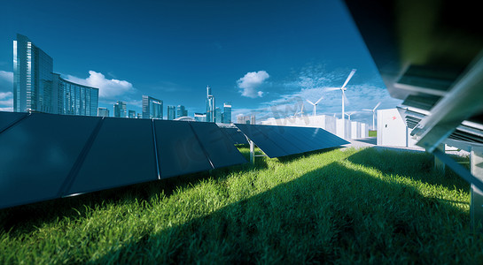现代黑色无框太阳能电池板农场，电池储能和风力涡轮机在蓝天下的新鲜绿草-绿色可持续能源系统的概念。 3d渲染.