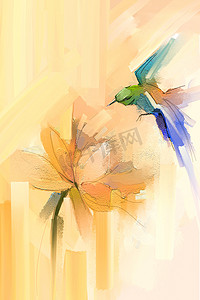 彩绘花卉摄影照片_抽象艺术,手绘彩油,丙烯酸彩绘鸟飞越荷花.插图手绘花卉在夏季、春季、墙纸或背景图片中的应用