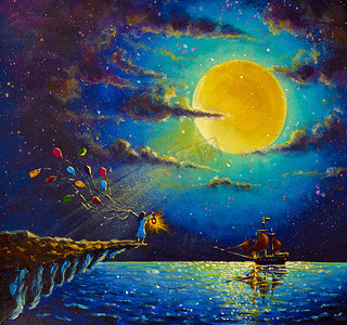 灯笼月亮摄影照片_在岩石上画艳丽的气球，配上灯笼等着的浪漫女孩，在蓝色的海面上与夜间航行的红帆海盗船相逢，大闪亮的行星月亮幻想童话画的美术意境，图景背景艺术